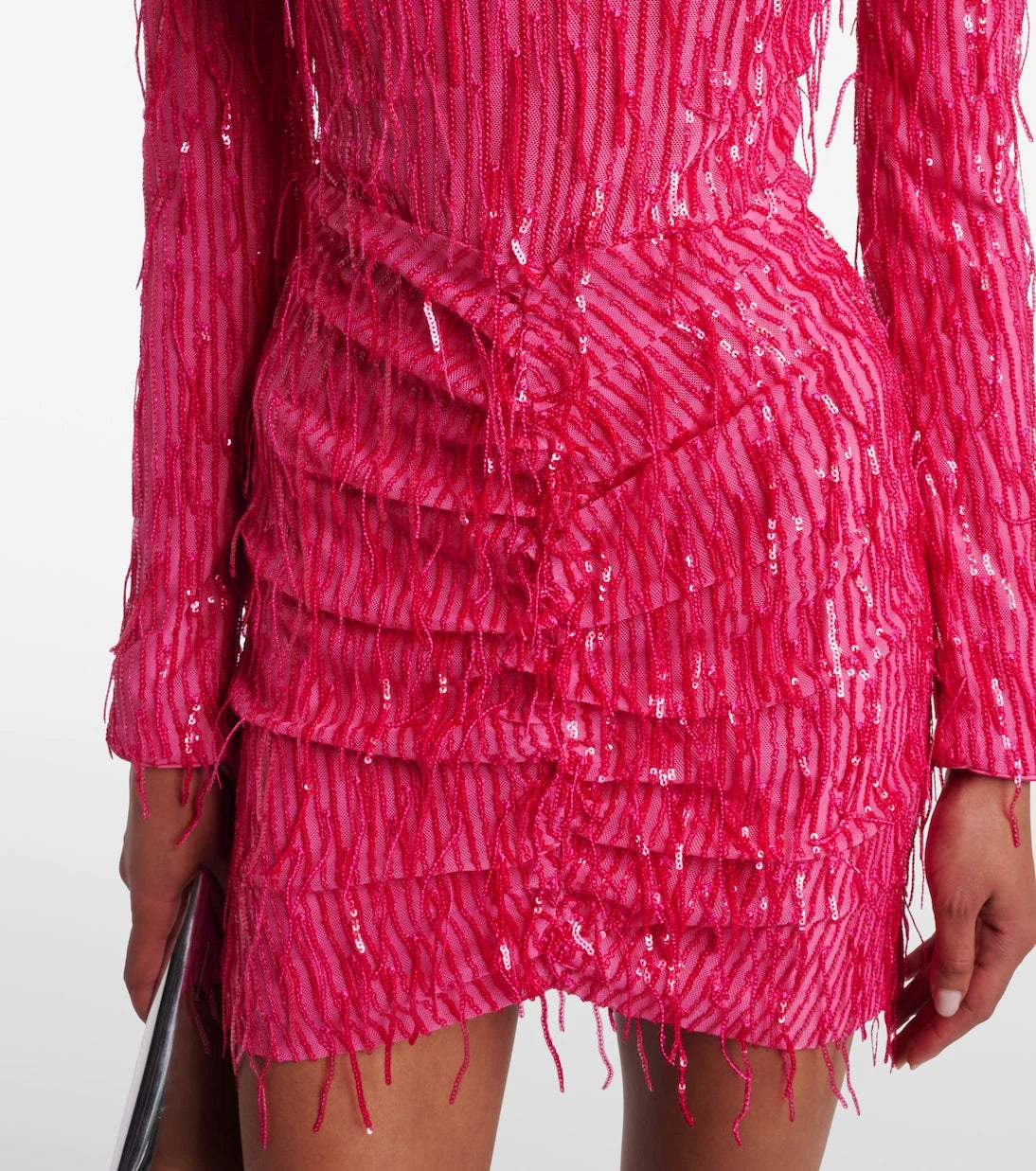 Rotate - Fringed ruched sequined mesh minidress