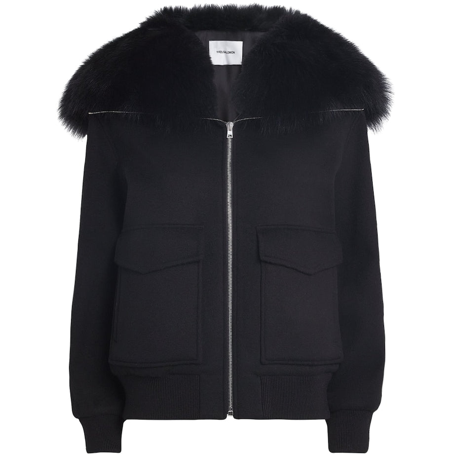 Yves Salomon Black Wool-Cashmere Fur-Trim Jacket