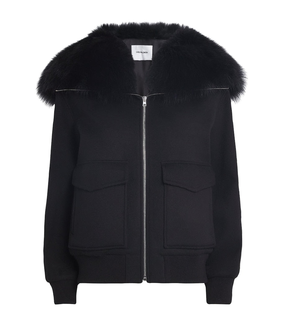 Yves Salomon Black Wool-Cashmere Fur-Trim Jacket