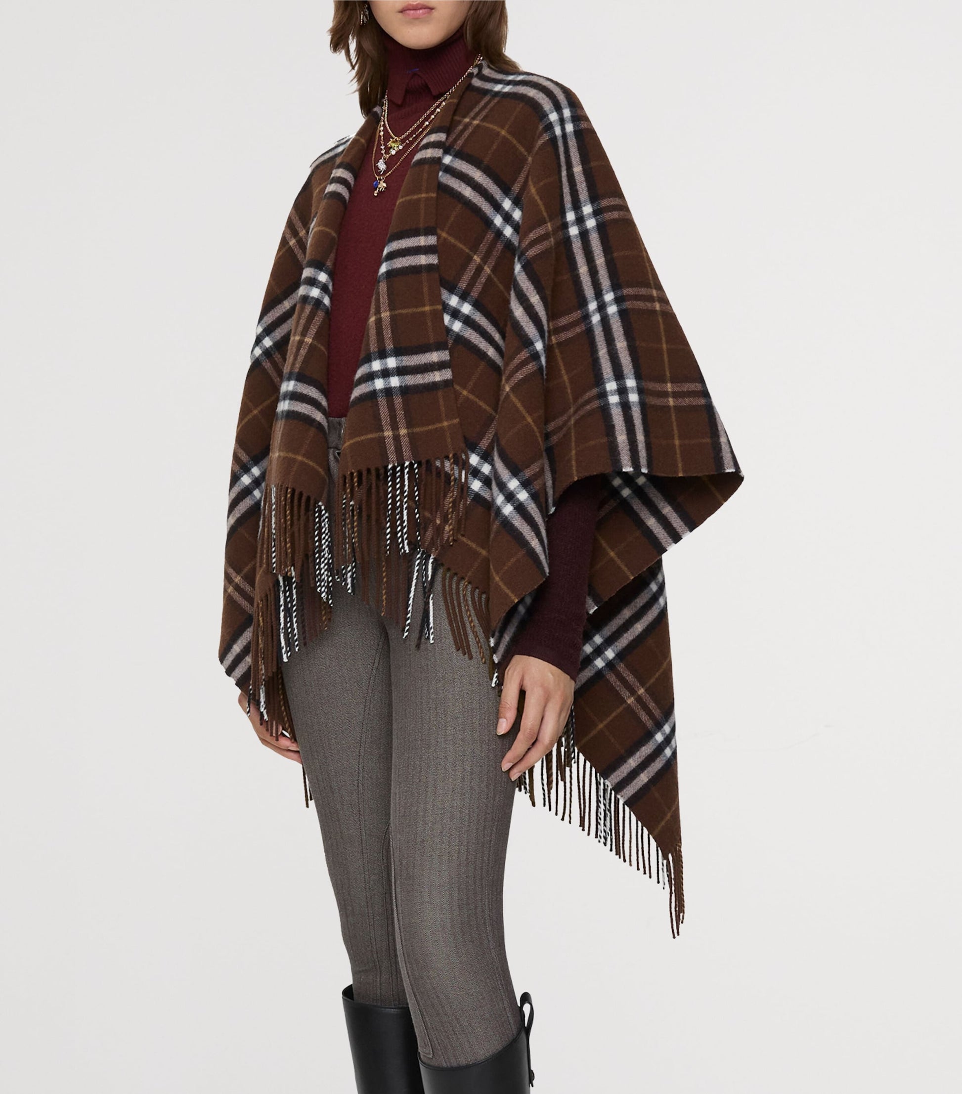Brown Wool-Cashmere Check Cape