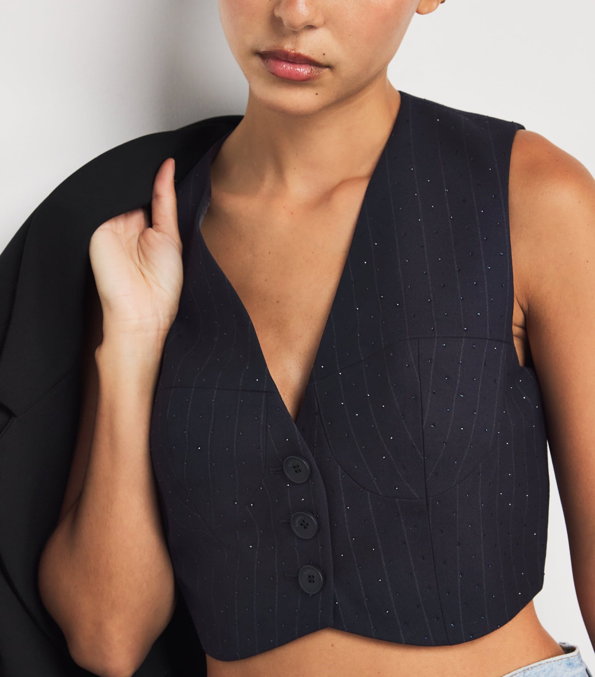 Rhinestone-Embellished Stripe Waistcoat NAVY BLUE