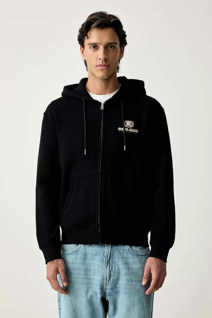 Guess Jeans pamuklu fermuarlı kapüşonlu erkek sweatshirt