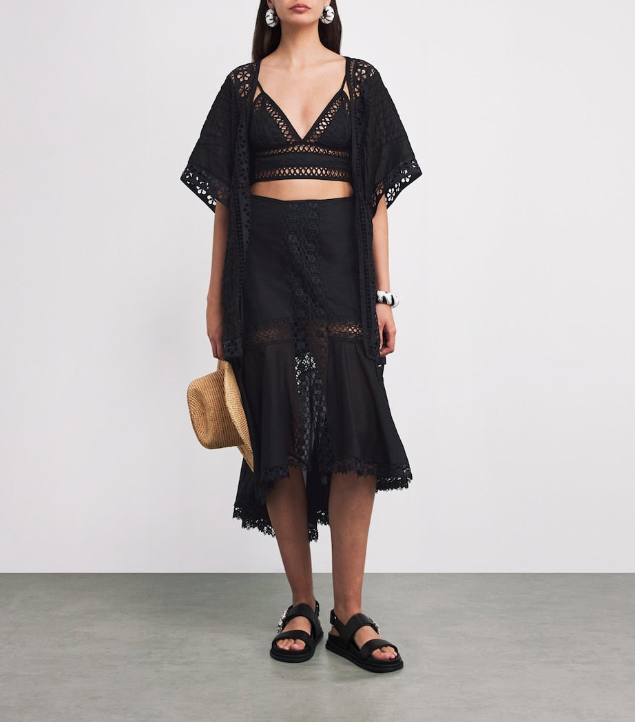 Charo Ruiz Ibiza Green Broderie-Trim Clair Midi Skirt