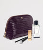 Large Leather Croc-Embossed Cosmetic Case