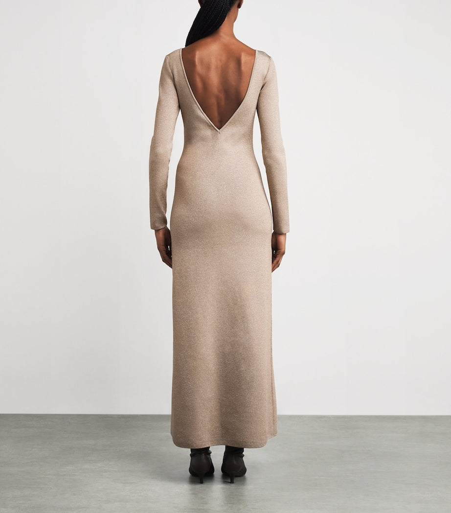 Max Mara Beige Metallic-Knit Maxi Dress