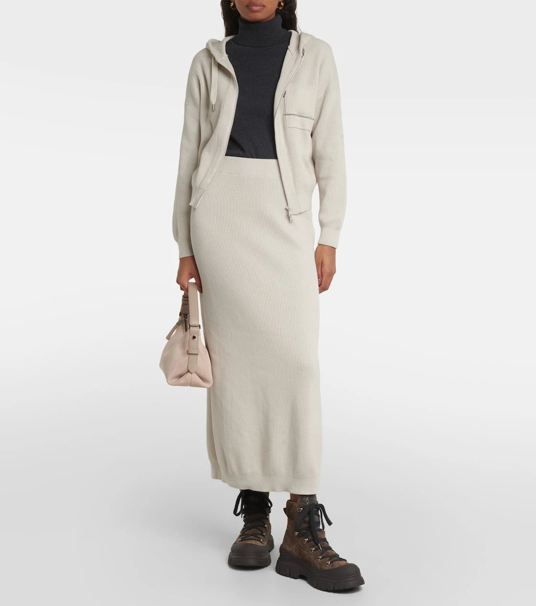 Brunello Cucinelli - Ribbed-knit cotton midi skirt