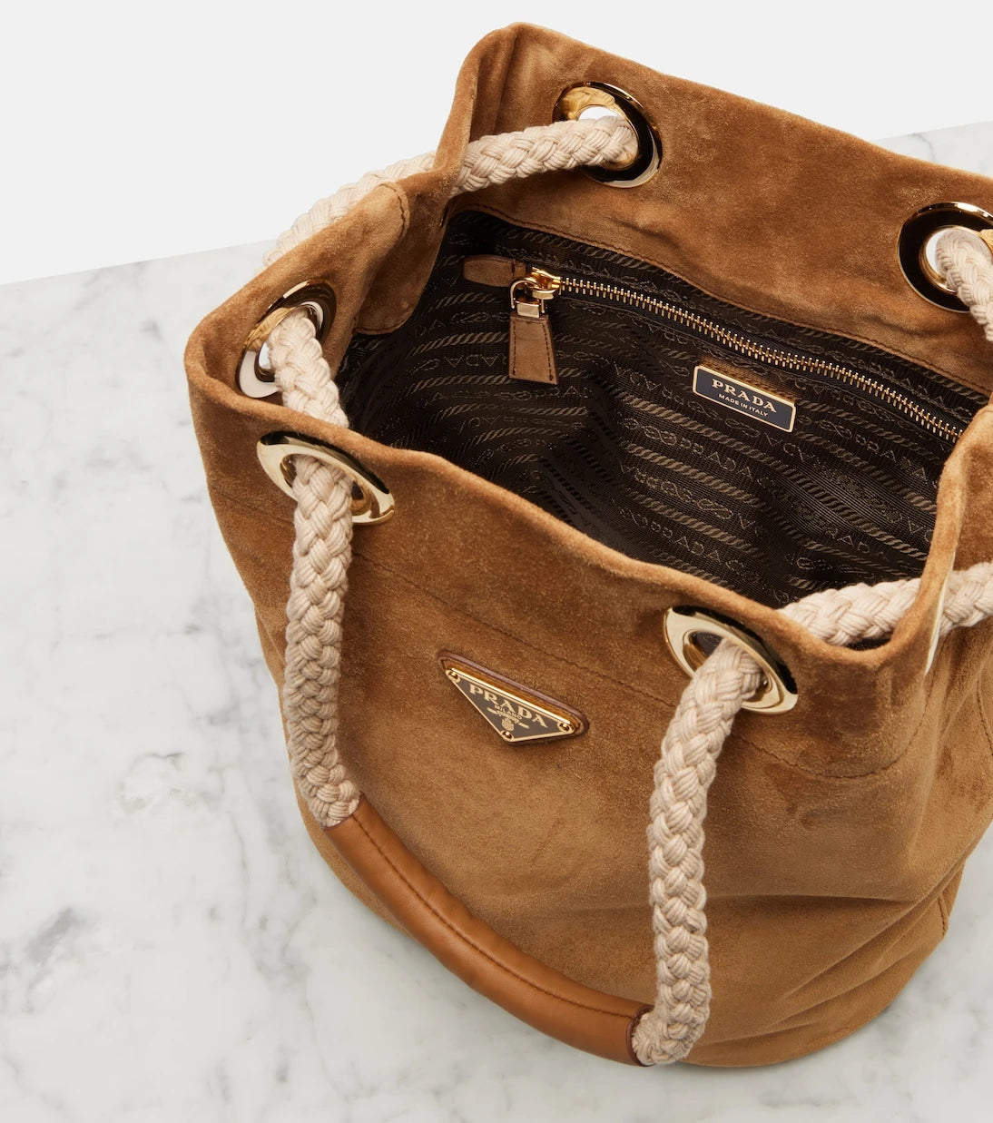 Prada - Prada Mariner Small suede bucket bag