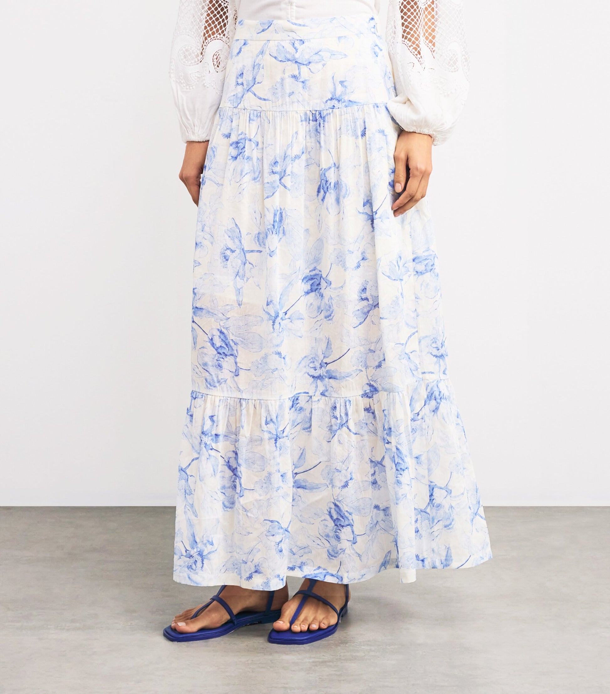 Blue Linen-Blend Watercolour Maxi Skirt