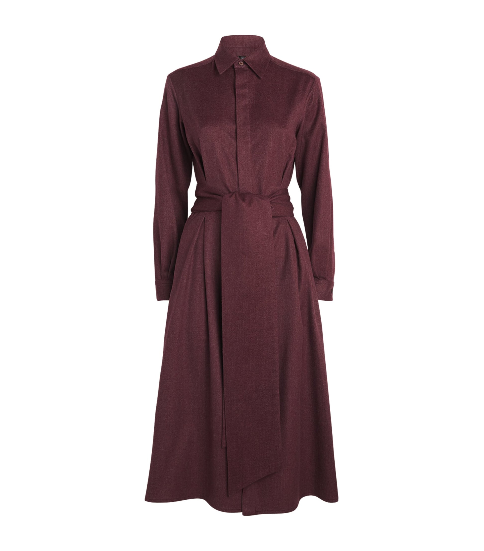 Burgundy Cashmere Belted Midi Shirt Dress