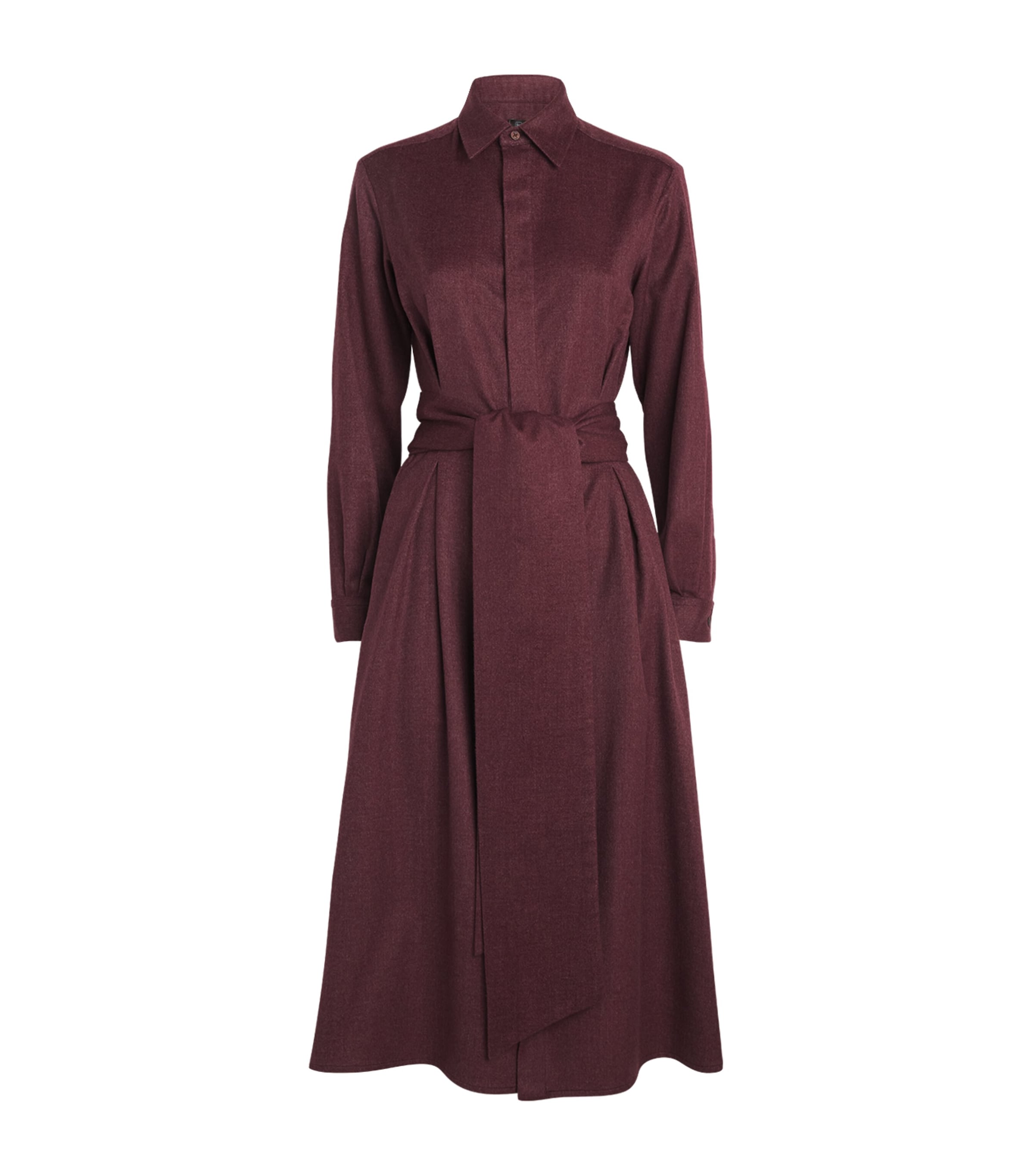 Burgundy Cashmere Belted Midi Shirt Dress
