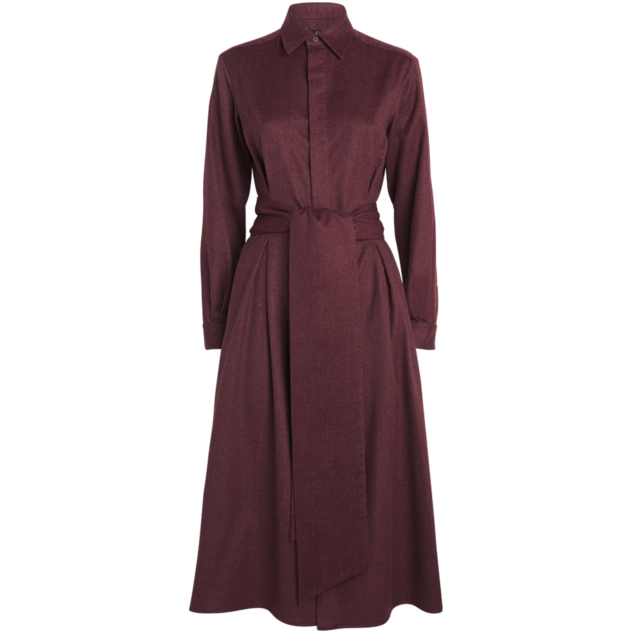 Burgundy Cashmere Belted Midi Shirt Dress