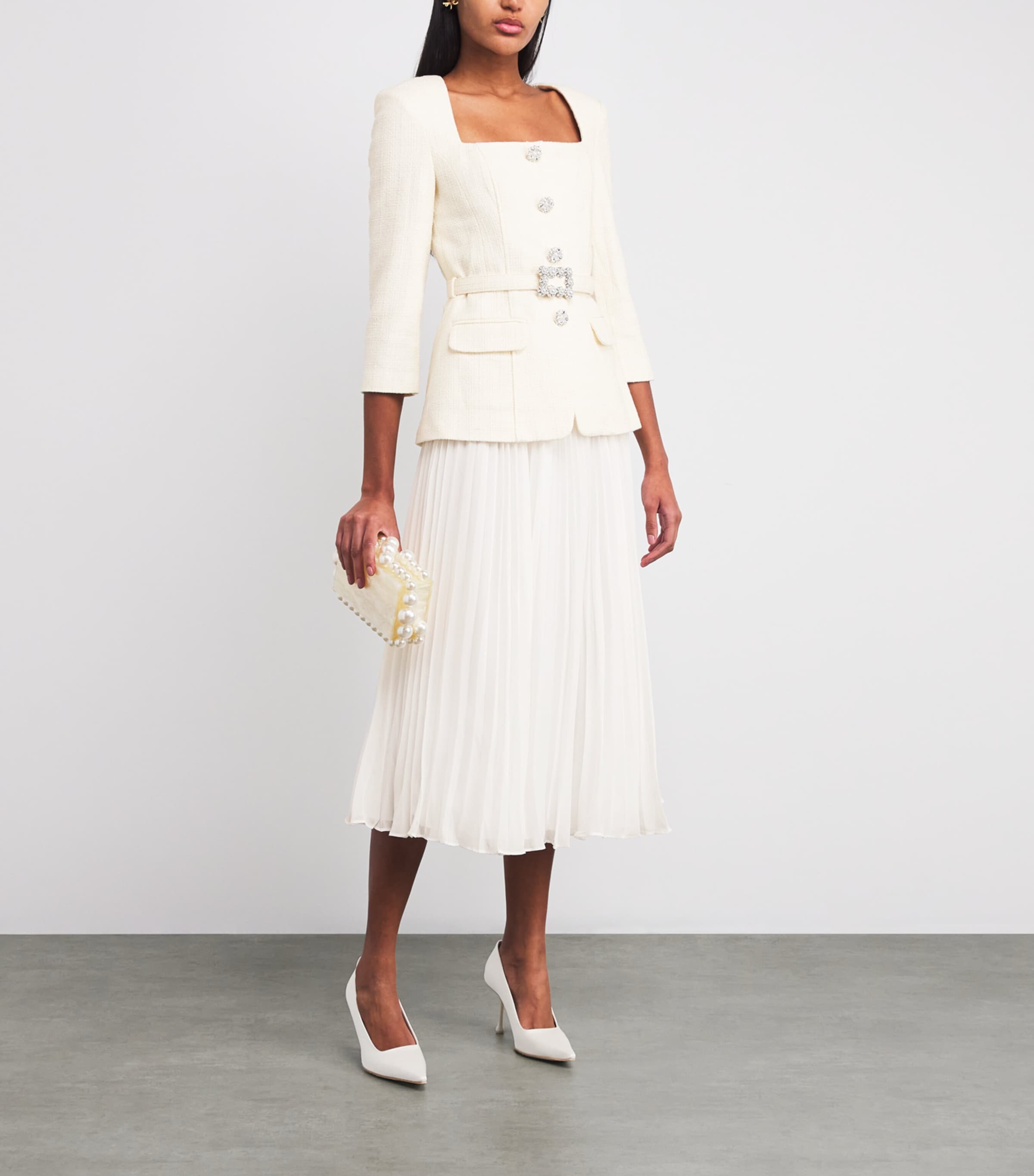 Self-Portrait Ivory Bouclé Long-Sleeve Midi Dress