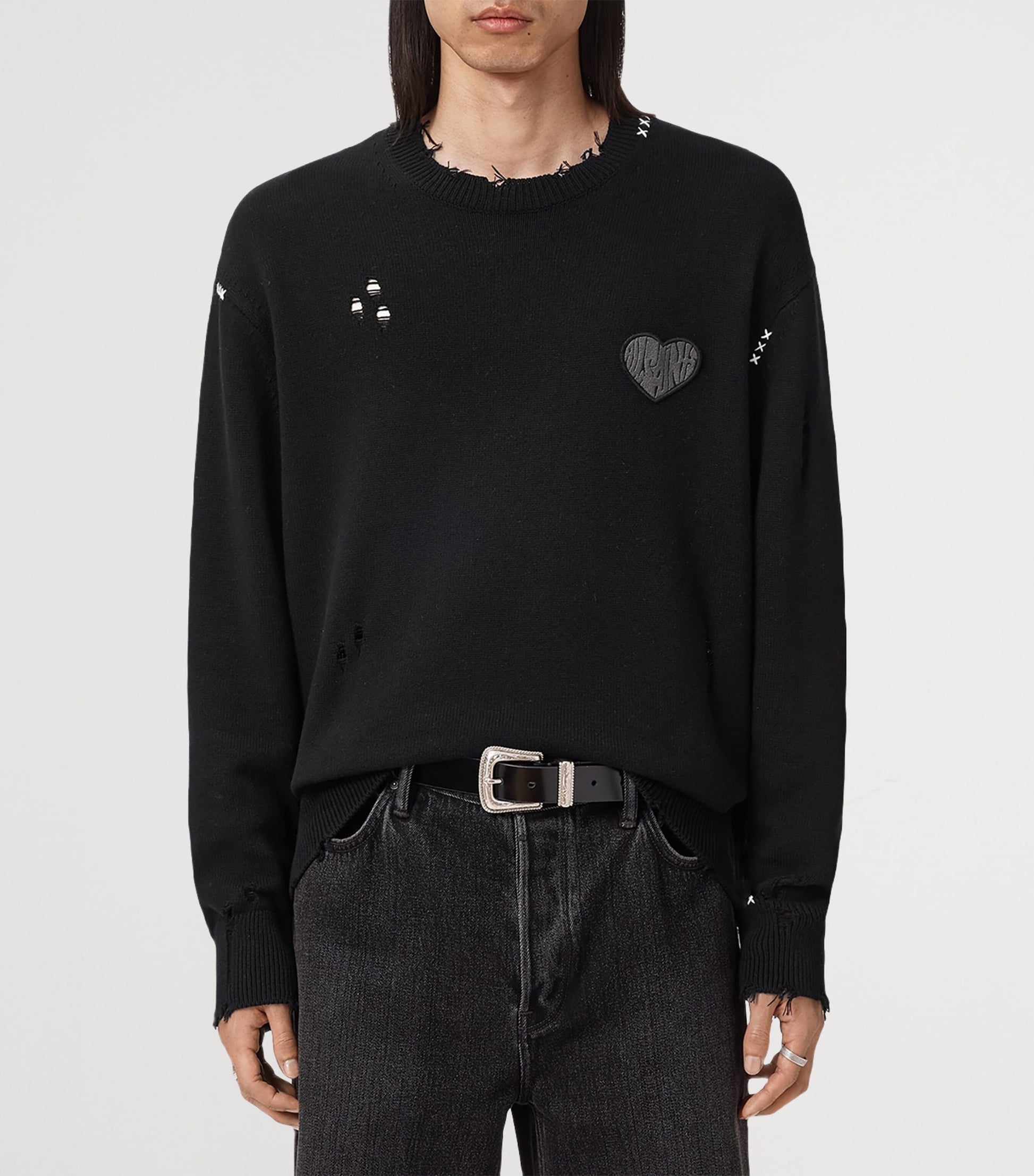 Black Cotton Distressed Theo Sweater