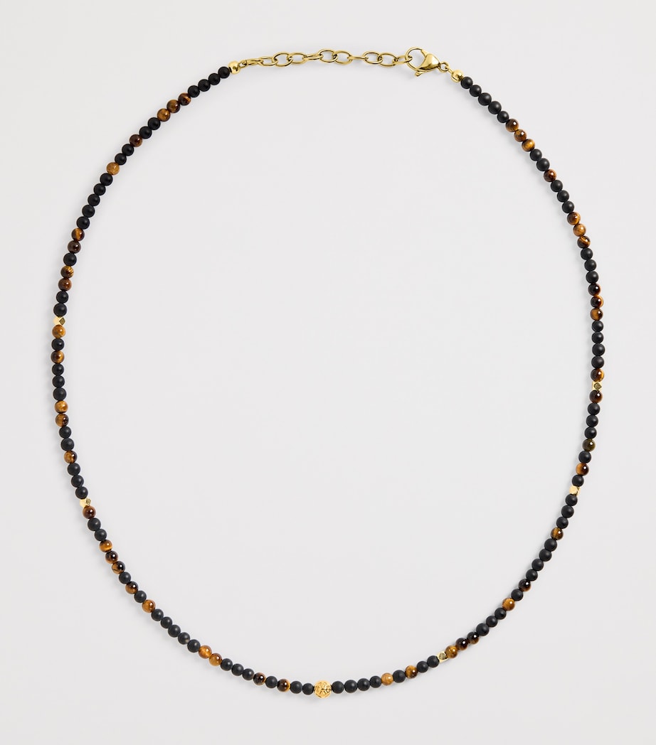 Gold-Plated Stainless Steel, Brown Tiger Eye and Matte Onyx Beaded Bracelet