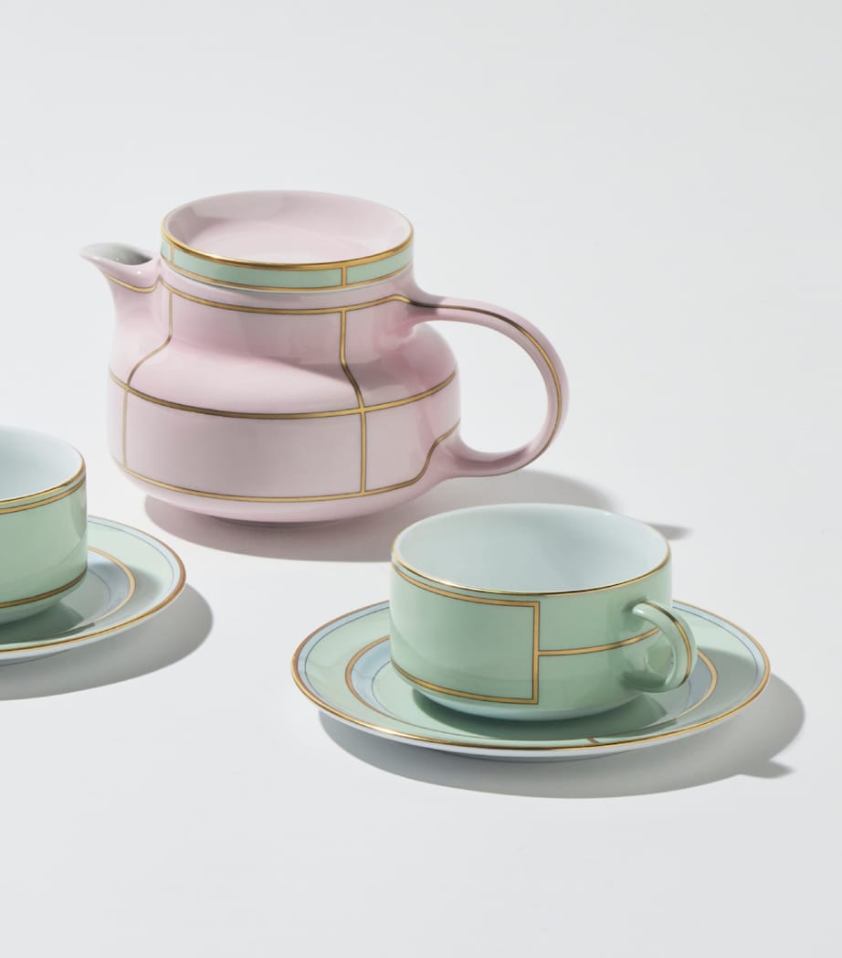 Set of 2 Porcelain Colonna Diva Verde Teacups and Saucers
