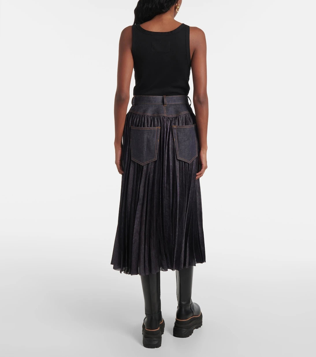 Sacai - Denim pleated midi skirt