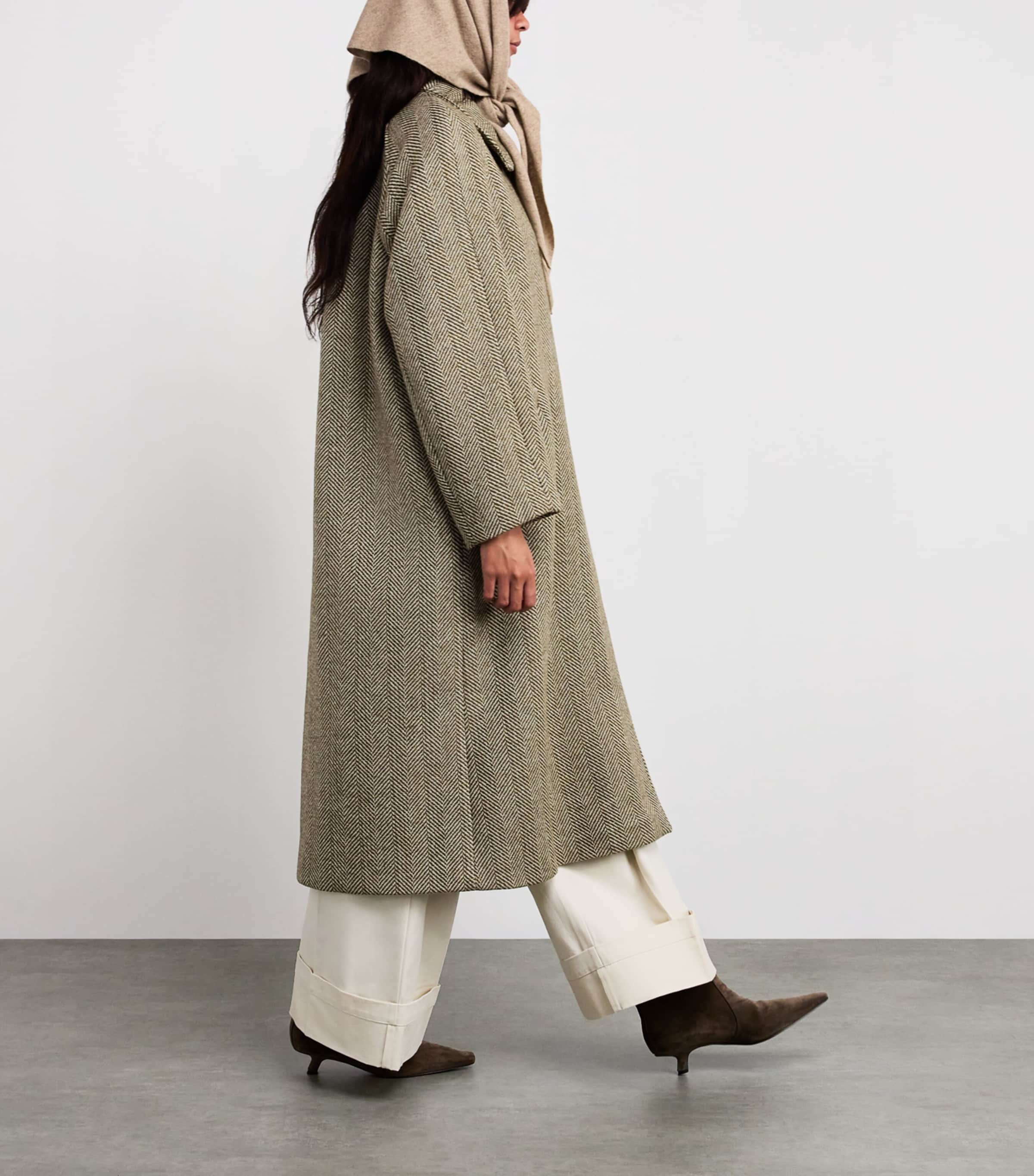 Green Wool-Blend Herringbone Coat