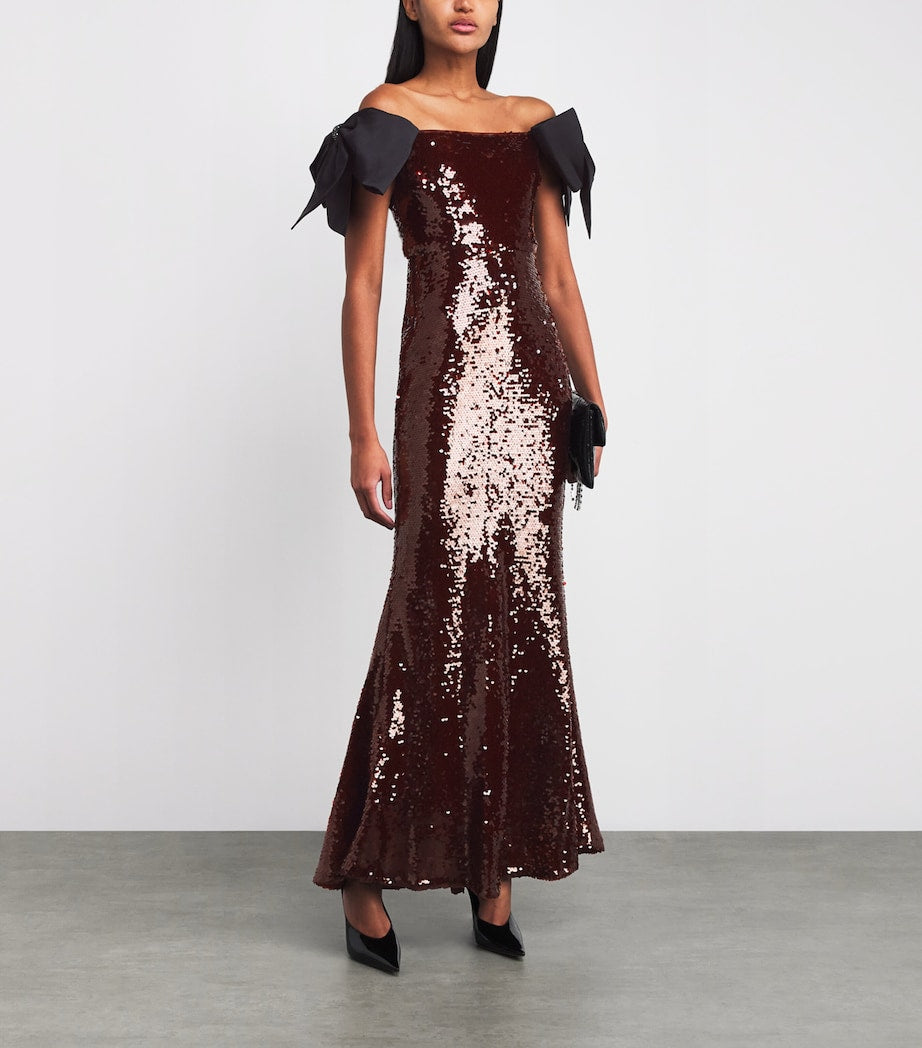 Self-Portrait Brown Sequin Off-The-Shoulder Maxi Dress