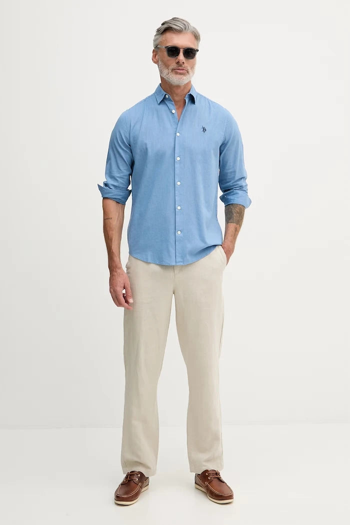 U.S. Polo Assn. риза мъжка с памук LINEN BLEND LS