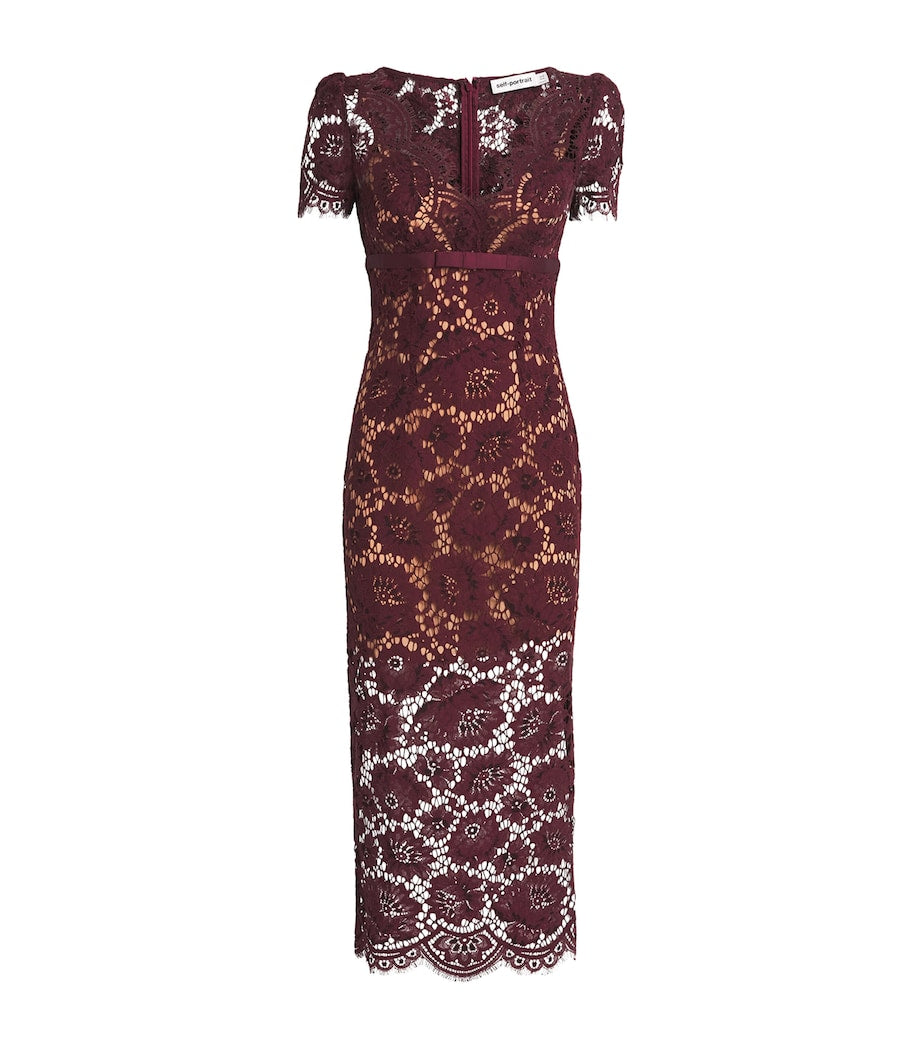 Self-Portrait Burgundy Guipure Lace V-Neck Midi Dress