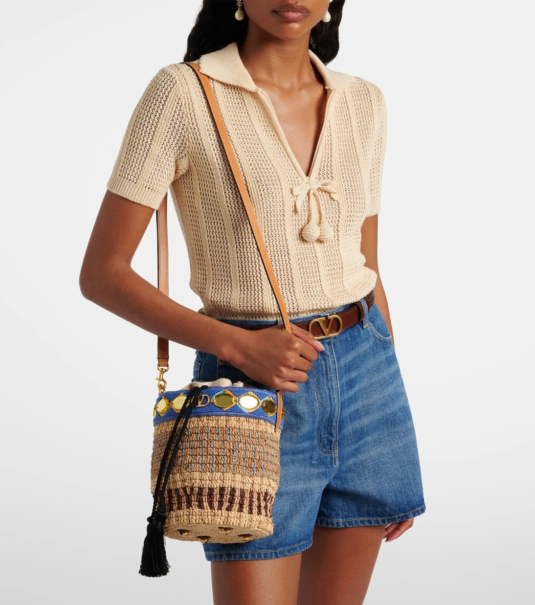Valentino Garavani - VLogo Small embellished raffia-effect bucket bag