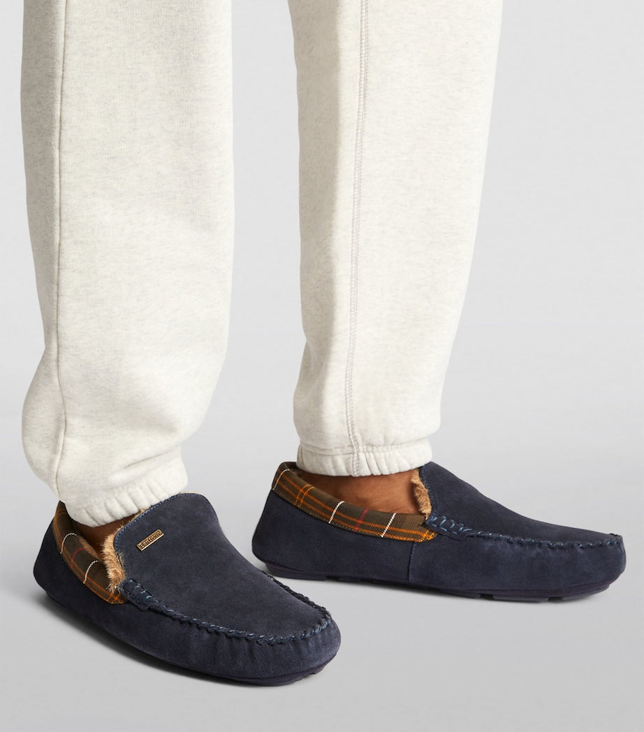 Suede Tartan-Trim Monty Slippers