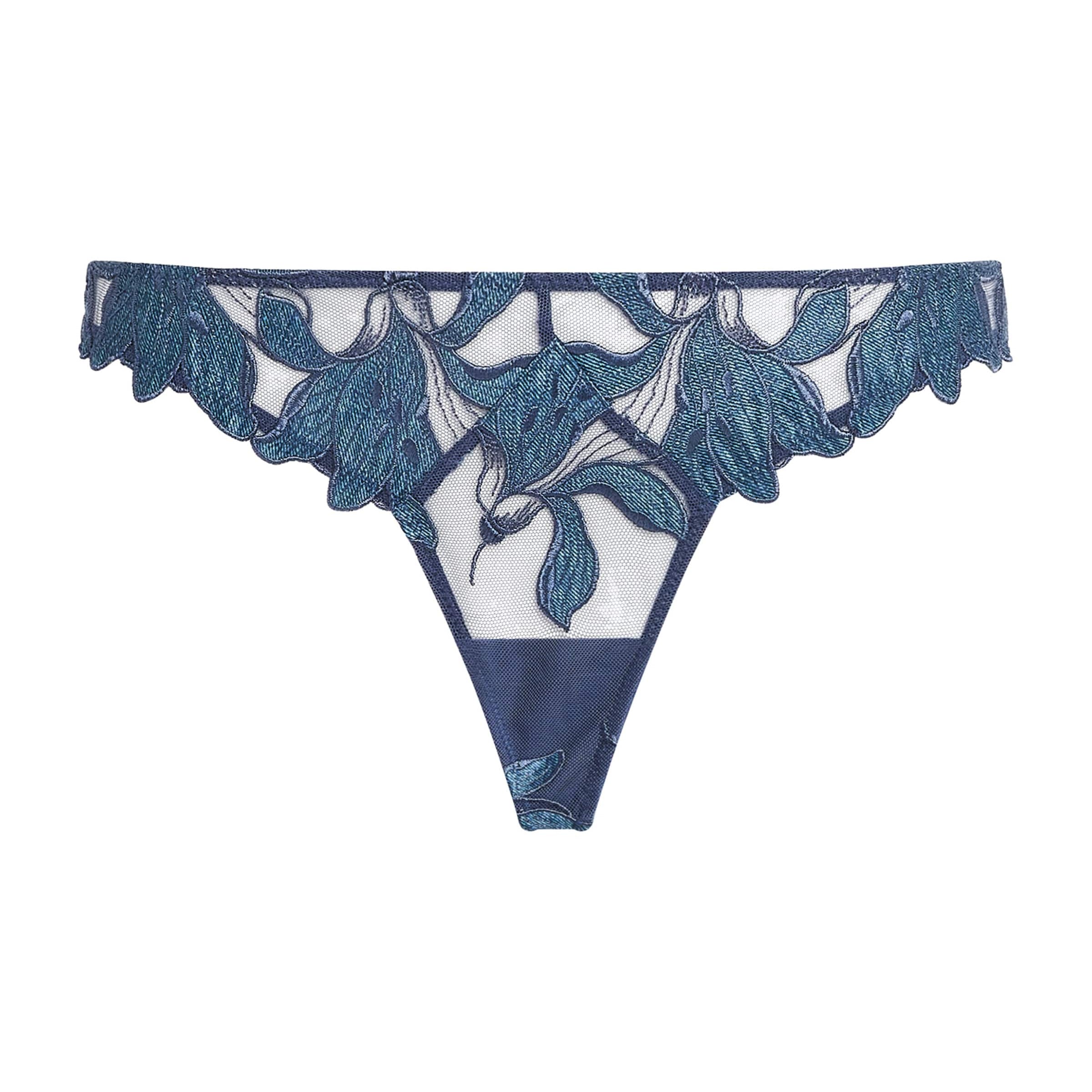 Fleur Du Mal Blue Lily Embroidered Hipster Thong