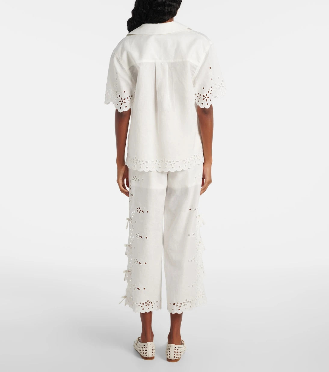Self-Portrait - Embroidered cutout linen and cotton top