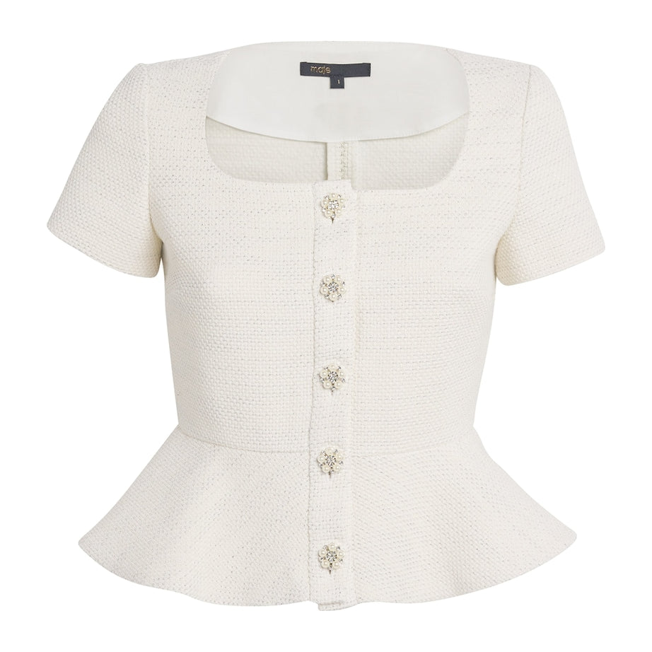 Maje White Tweed Peplum Top