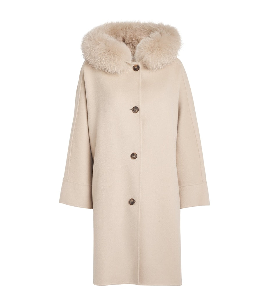 Yves Salomon Beige Wool-Cashmere Fur-Trim Cape Coat