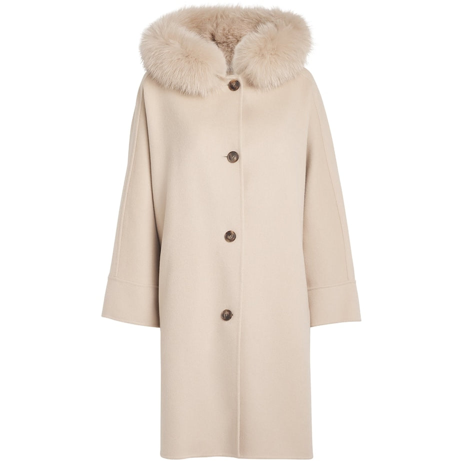 Yves Salomon Beige Wool-Cashmere Fur-Trim Cape Coat