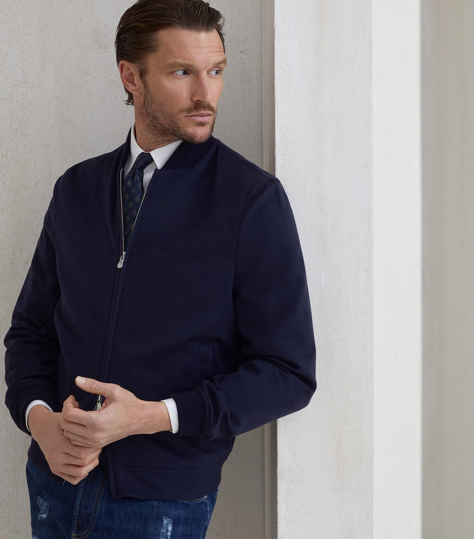 Brunello Cucinelli Blue Cashmere Flannel Bomber Jacket