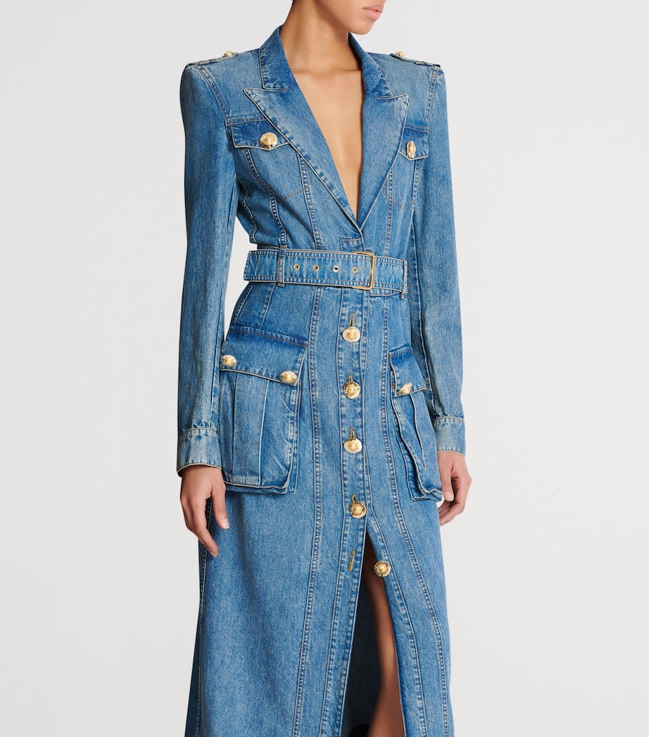 Blue Denim Belted Maxi Dress