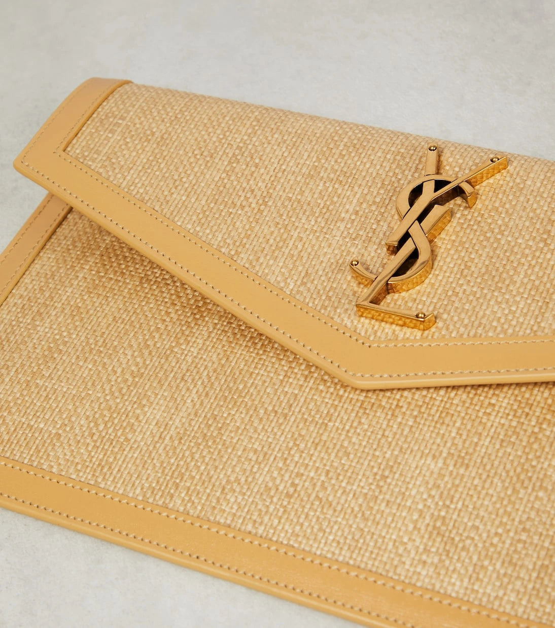 Saint Laurent - Uptown leather-trimmed raffia clutch