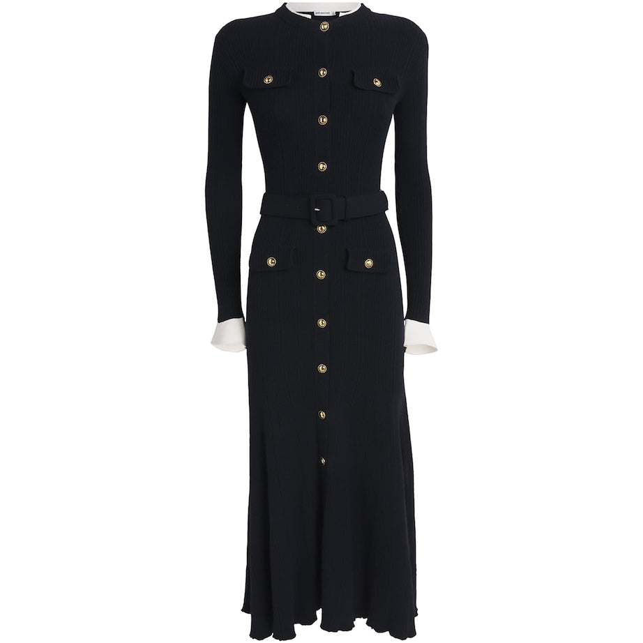 Self-Portrait Navy Rib-Knit Belted Midi Dress