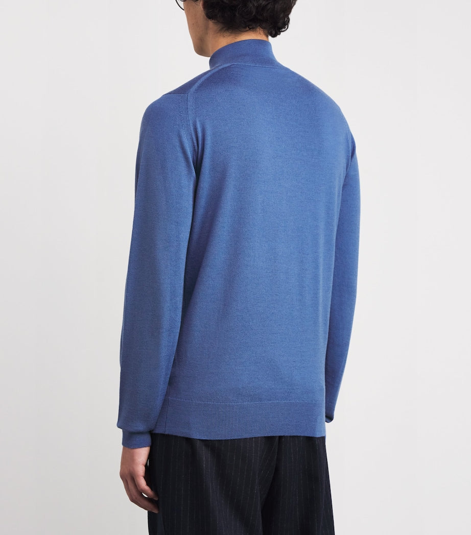 John Smedley Blue Extra Fine Merino Wool Half-Zip Tapton Sweater