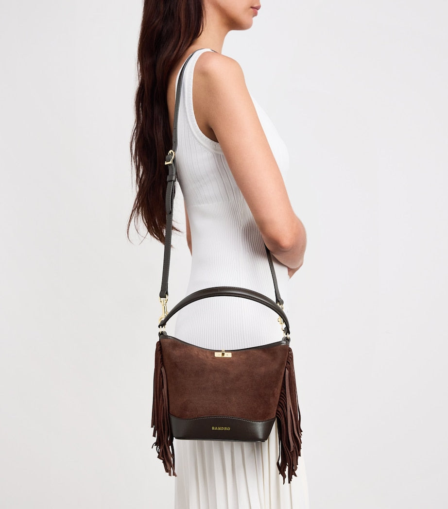 Sandro Paris Brown Mini Leather Fringe Tangoso Bucket Bag