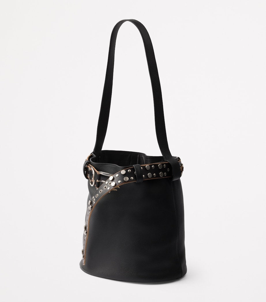Black Leather Buckled Bucket Bag
