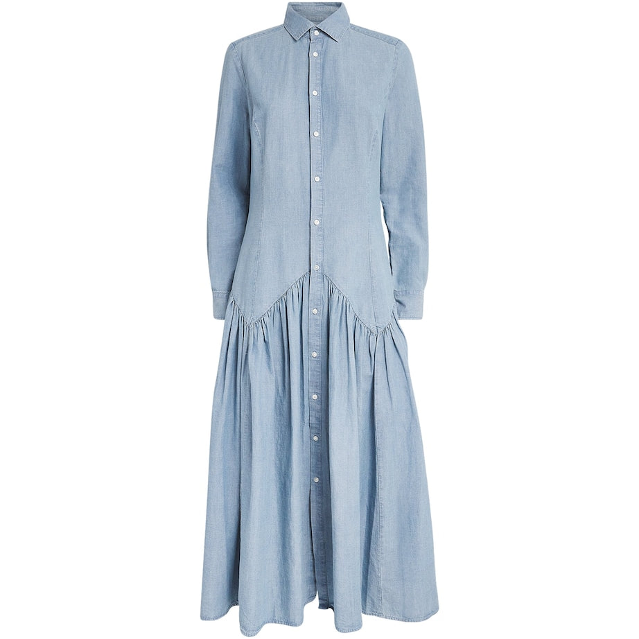Blue Cotton-Linen Midi Shirt Dress
