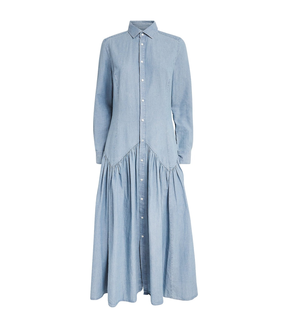 Blue Cotton-Linen Midi Shirt Dress
