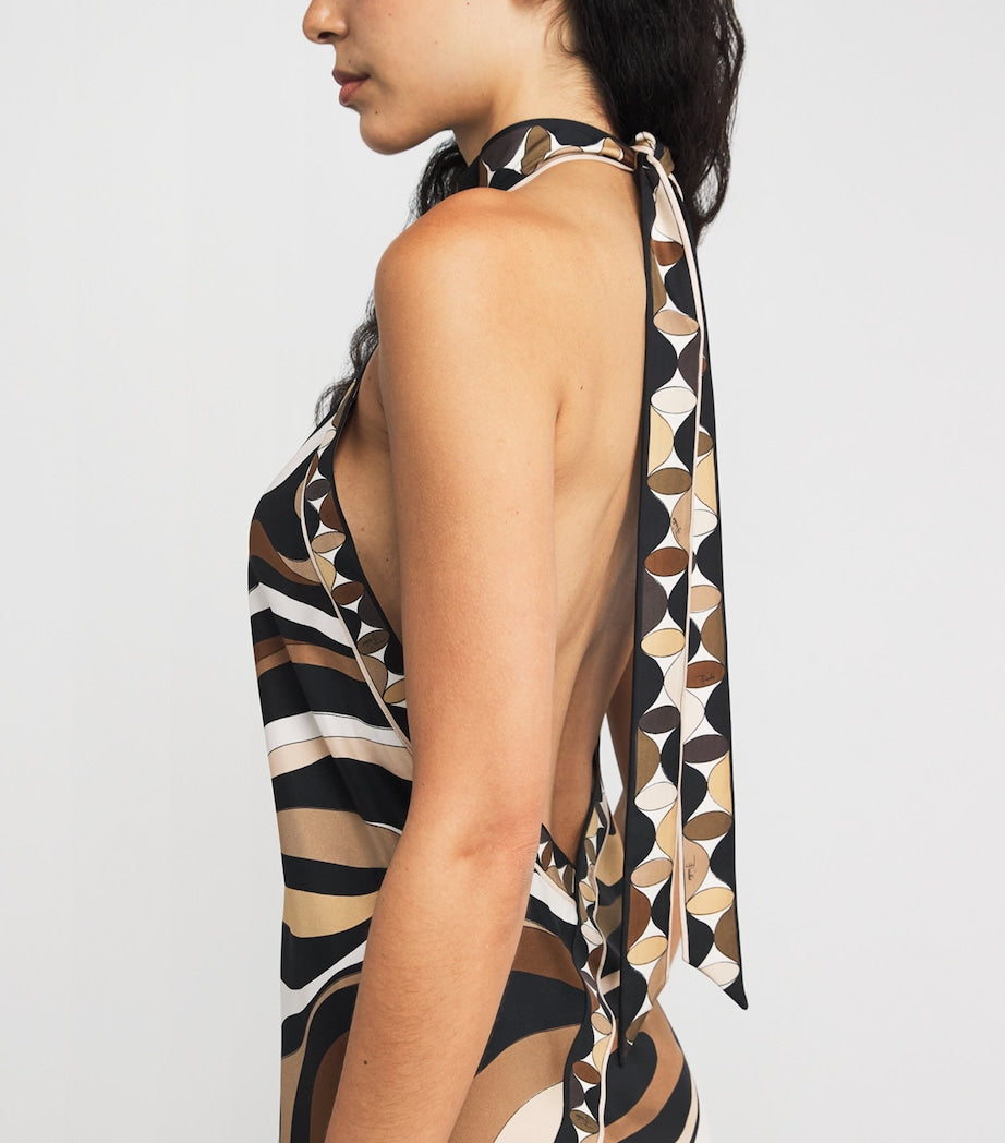 Multi Silk Marmo Print Halterneck Midi Dress