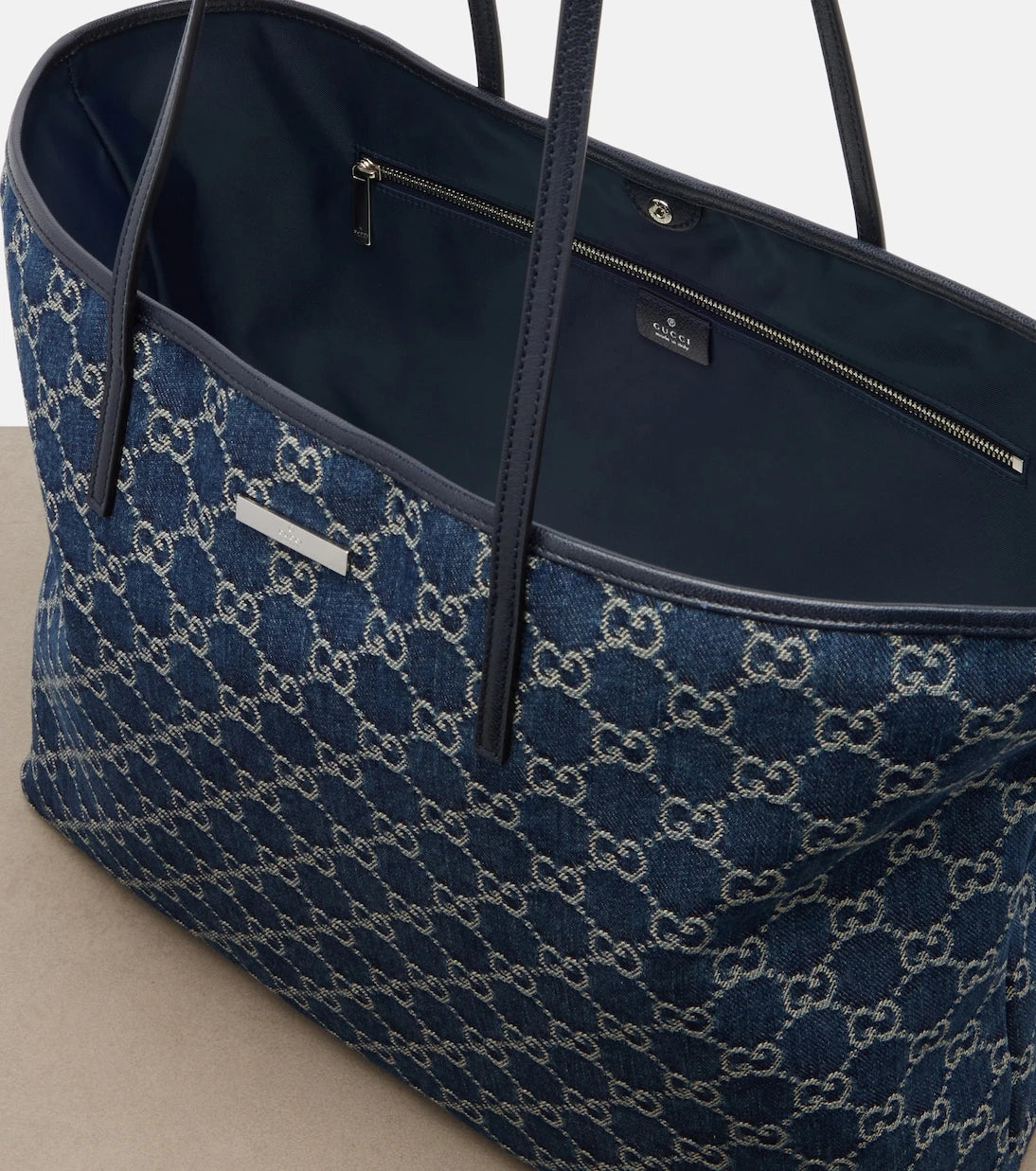 Gucci - Essence Large leather-trimmed denim tote bag