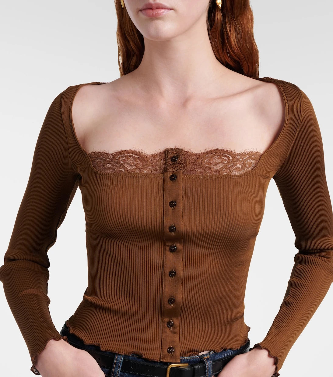 Saint Laurent - Lace-trimmed ribbed-knit silk jersey top