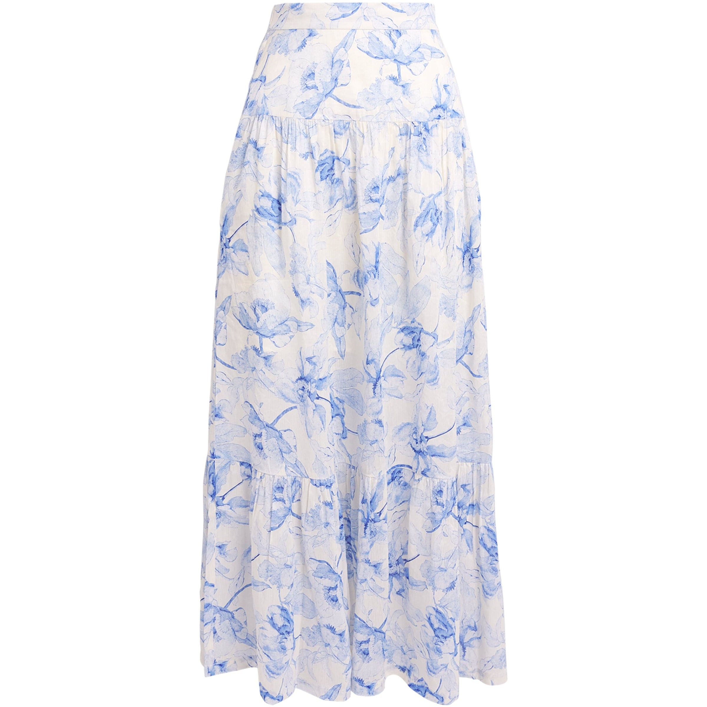 Blue Linen-Blend Watercolour Maxi Skirt