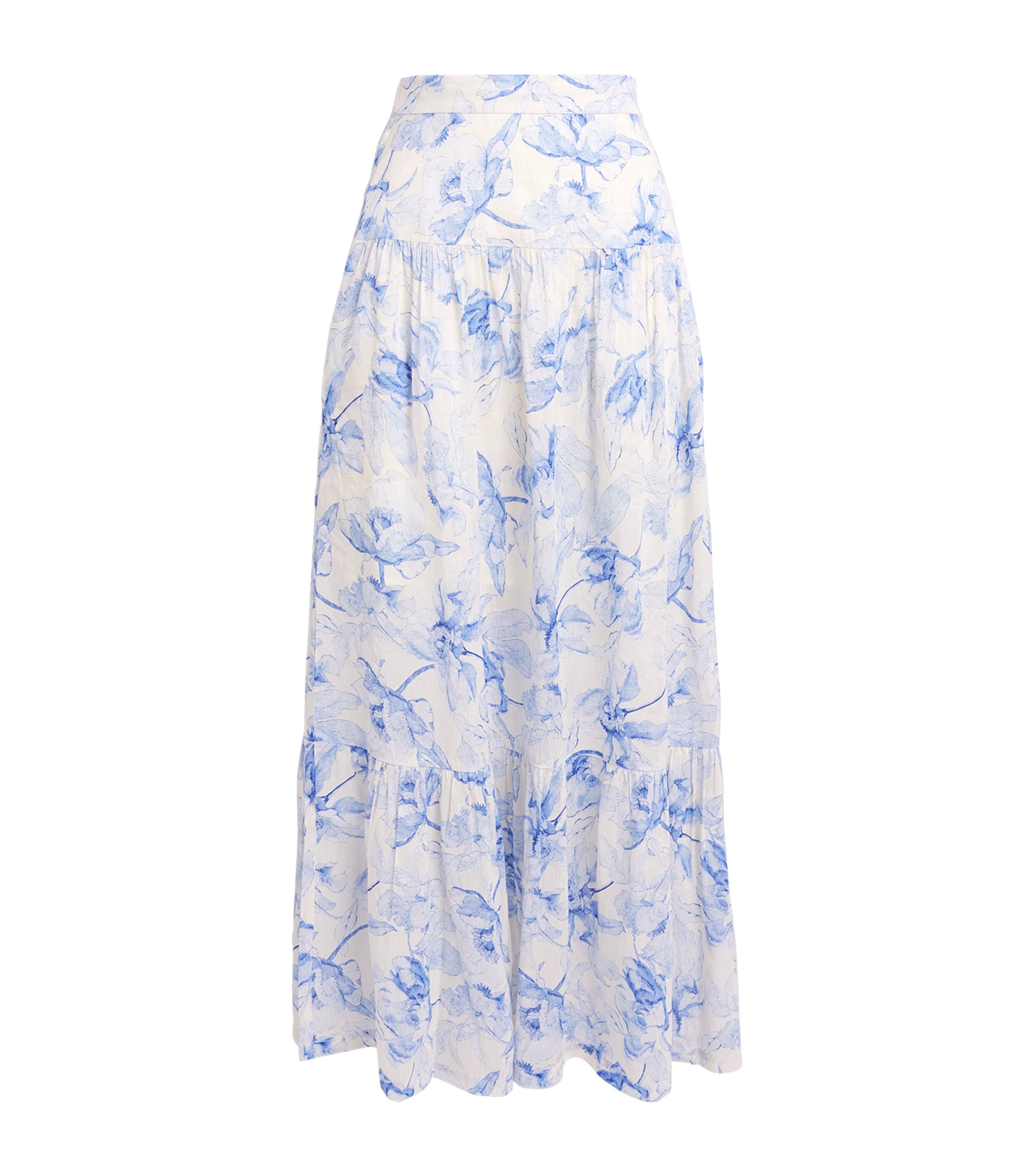 Blue Linen-Blend Watercolour Maxi Skirt