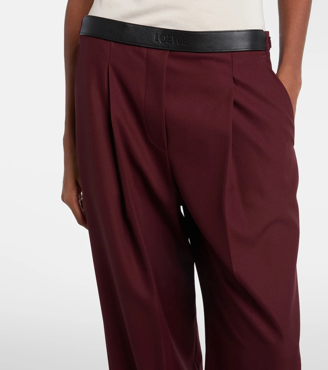 Loewe - Leather-trimmed wool wide-leg pants