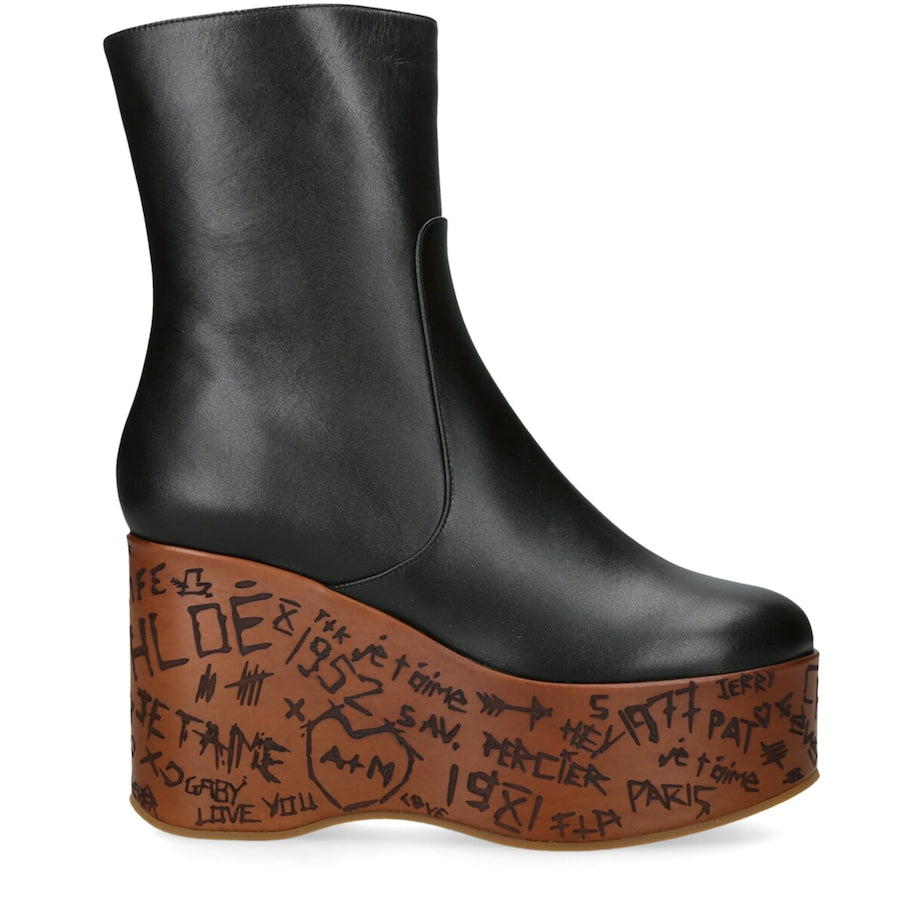 Chloé Black Leather Maxime Wedge Ankle Boots 80