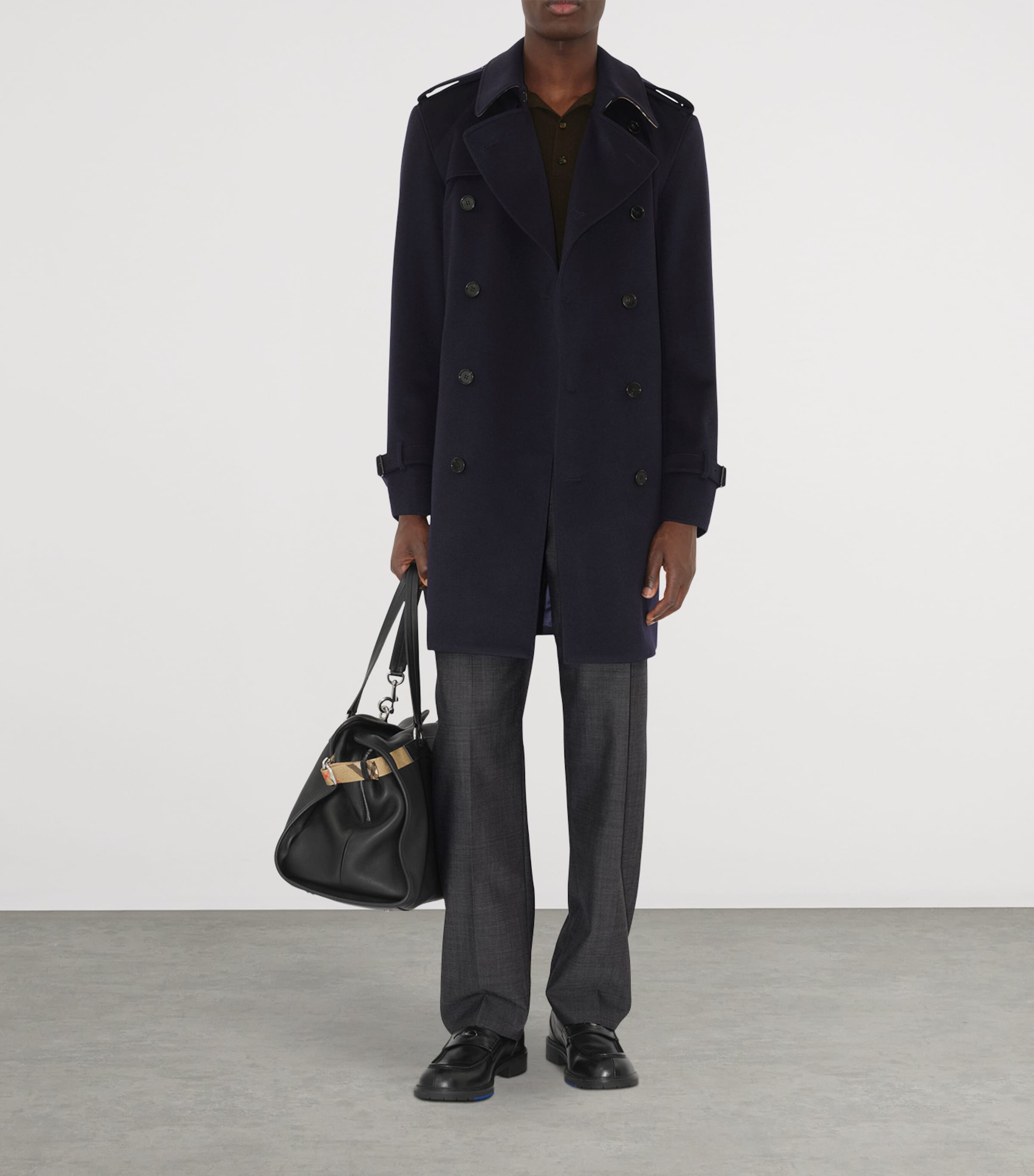 Navy Cashmere Mid-Length Trench Coat