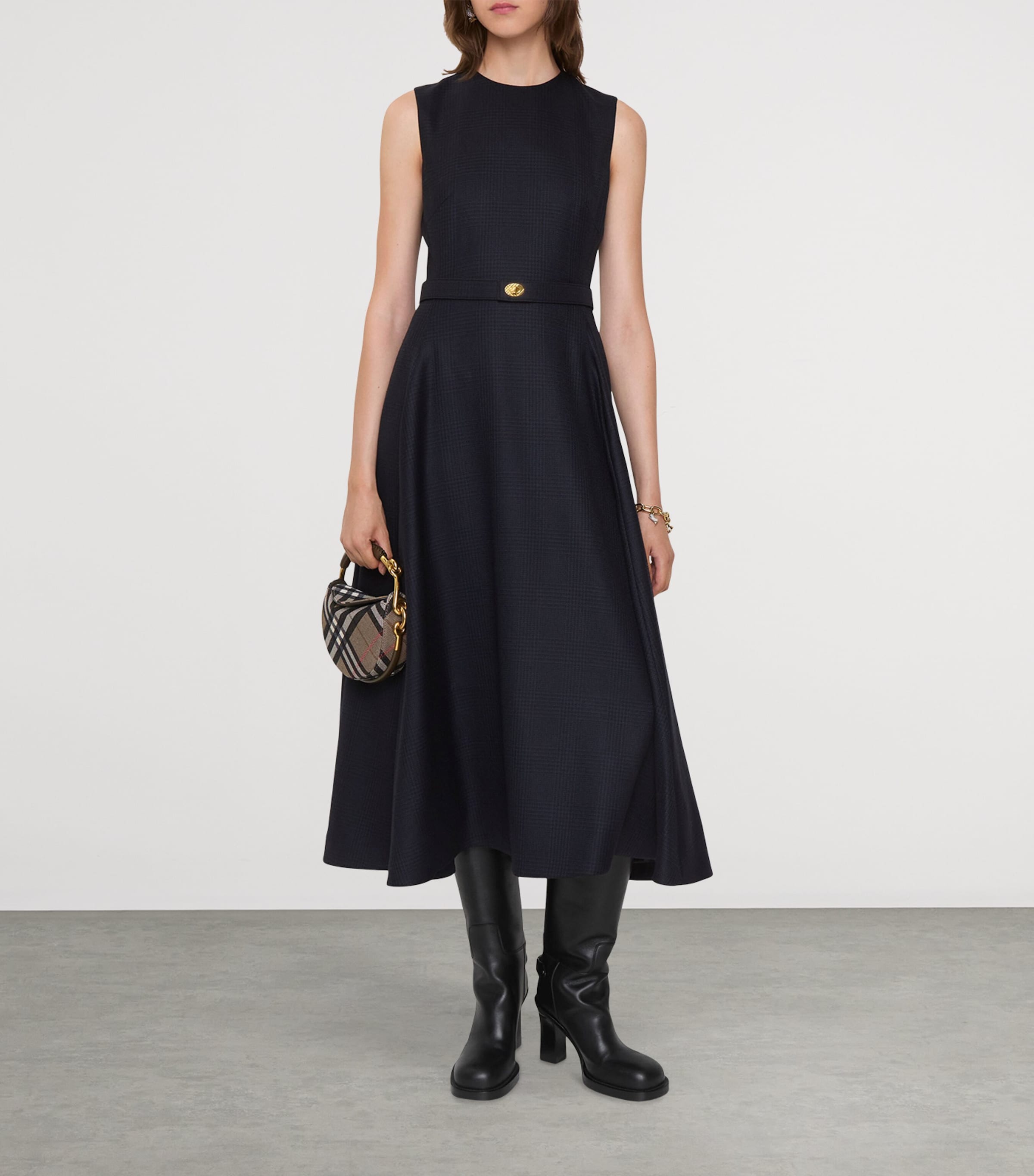 Burberry Grey Wool Check Midi Dress