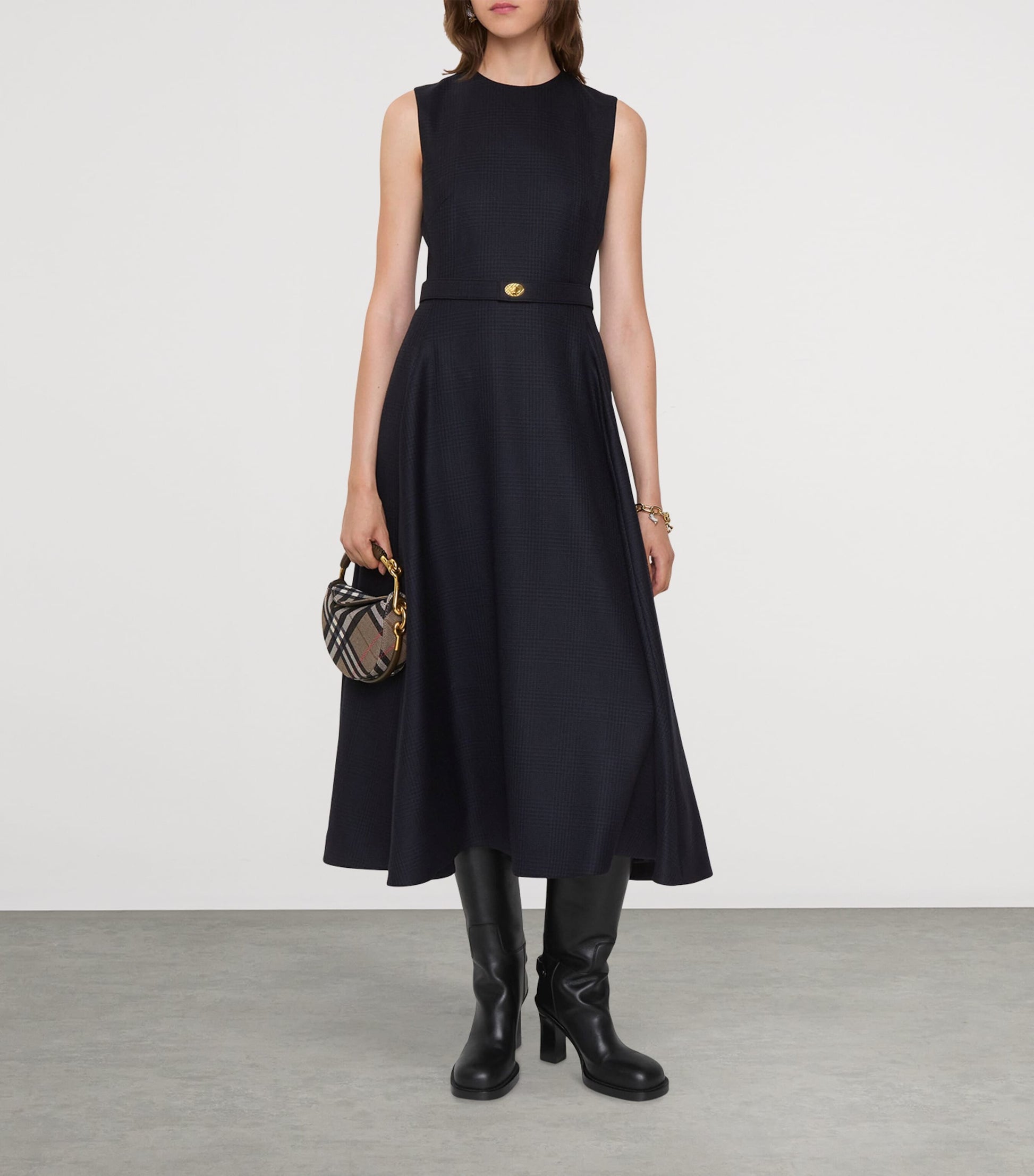 Burberry Grey Wool Check Midi Dress